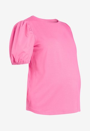 Pink cotton t-shirt with round neckline and puff sleeves. Smooth texture, relaxed fit, and elastic detail at sleeve hems.
