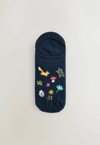 Navy blue socks with floral and fauna embroidery, featuring a fox, mushrooms, and various flowers in vibrant colors. Cotton blend material.