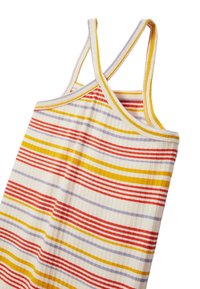 Débardeur côtelé en tissu doux, présentant des rayures multicolores en rouge, jaune, violet et blanc. Bretelles croisées ajustables.