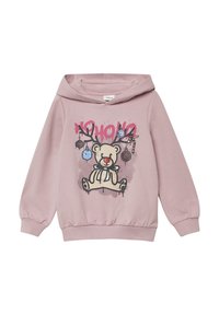 Jasnoróżowa bluza z kapturem z misiem w rogach renifera ozdobionym bożonarodzeniowymi ornamentami oraz napisem "HO HO HO" w kolorze czerwonym.