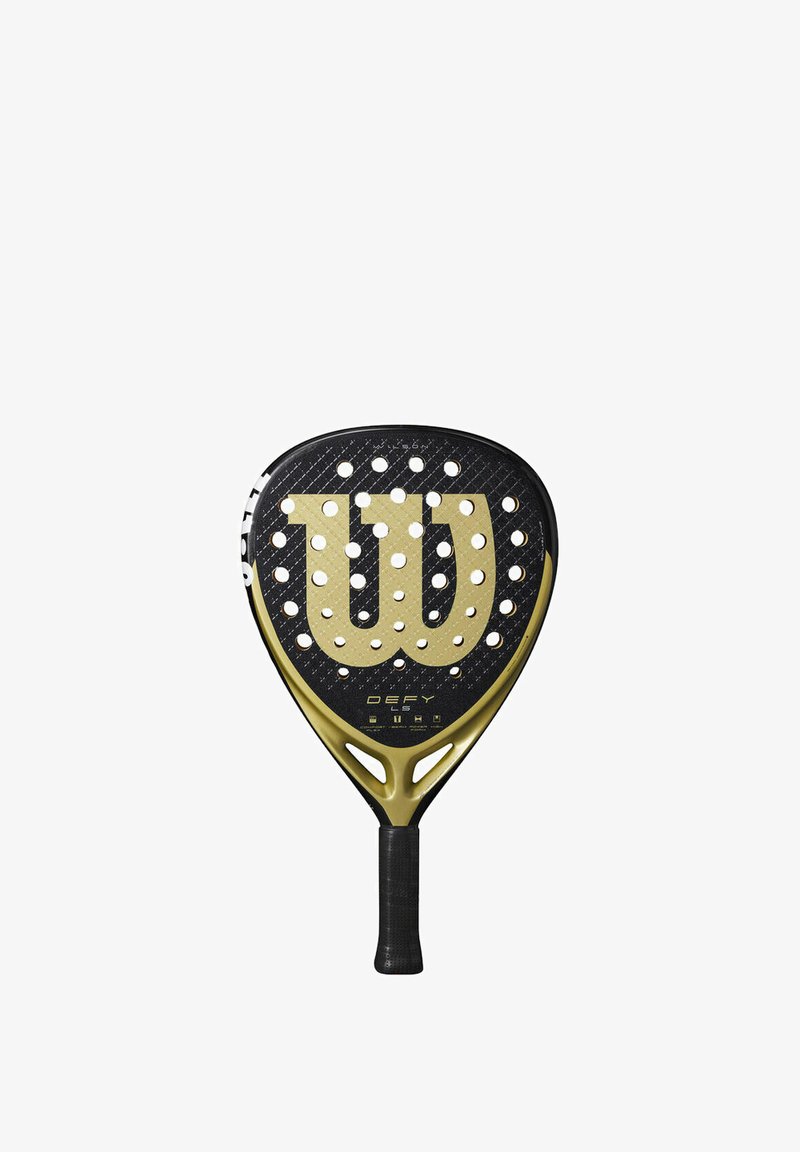 Svart och guld paddel med en honungskombsstruktur, som har en stor "W"-logotyp. Handtaget är svart med ett räfflat grepp för enkel hantering.