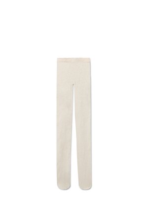 Beige teksturerede strømpebukser med slank pasform og linning, vist fladt på en hvid baggrund.