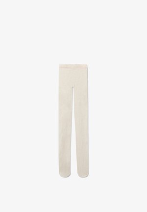 Beige teksturerede strømpebukser med slank pasform og linning, vist fladt på en hvid baggrund.