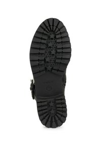 Suela de zapato de goma negra con profundas bandas de rodadura, con patrones en forma de estrella, y el logo de Geox. Tacón reforzado para mayor durabilidad.