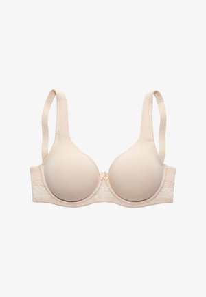 Beiger gepolsterter BH mit glatten Cups, Spitzenbesatz am Unterband, verstellbaren Trägern und einer kleinen Schleife in der vorderen Mitte.