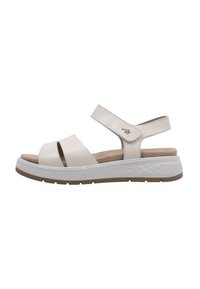 Sandalia blanca con dos tiras delanteras anchas y una tira trasera ajustable. Cuenta con una plantilla acolchada y una suela exterior blanca texturizada.