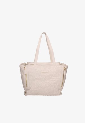 Crèmekleurige doorgestikte shopper met bloemenpatroon, twee bovenste handvatten en gouden ritssluitingen aan beide zijden.