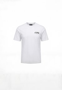 Λευκό κοντομάνικο T-shirt με στρογγυλή λαιμόκοψη και μικρό μαύρο λογότυπο κειμένου "CSR Atelier" στο αριστερό στήθος.