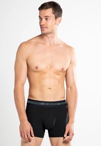 Black boxer briefs made of smooth fabric, featuring a gray elastic waistband with "JBS UNDERWEAR" logo. Simple, classic design, snug fit.
