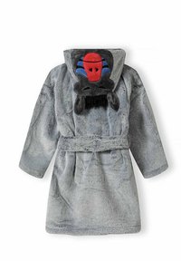 Grijze pluche badjas met capuchon, voorzien van een rood en blauw gezichtontwerp. Zachte textuur, tailleband en lange mouwen.