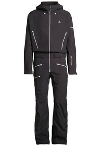 Completo da sci nero con cappuccio con zip, tasche ventilate e zip in argento a contrasto. Realizzato in materiale resistente e impermeabile.