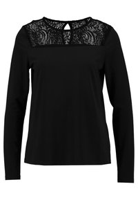Svart långärmad tröja med spetsdetalj vid axlarna och ett nyckelhålssnitt i ryggen. Slät tyg, figursydd silhuett, rund halsringning.