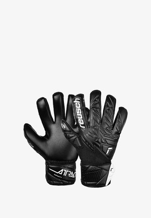 Gants de gardien de but noirs en latex texturé, dotés d'une prise renforcée, d'accents blancs contrastants et d'une fermeture élastique au poignet pour un ajustement sécurisé.