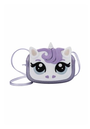 Sac bandoulière en forme de licorne violette, fabriqué en matière douce, avec de grands yeux, une corne texturée et un accent scintillant en bas.