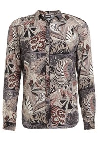 Hemd mit Knopfleiste, das ein komplexes Muster mit wirbelnden Motiven in den Farben Beige, Schwarz und Tiefrot zeigt. Lange Ärmel und einen Kragen.