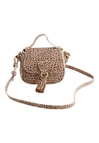 Crossbodytas met luipaardprint in beige, voorzien van een hartvormige sluiting en een detail met een kwastje. Heeft een smalle, verstelbare band. Glad textuur.