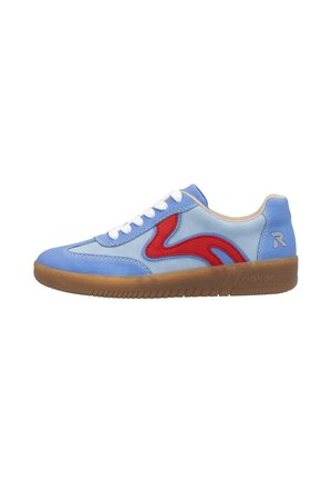 Blue and red sneaker featuring a curved red accent, white laces, and a brown rubber sole with textured grip patterns.