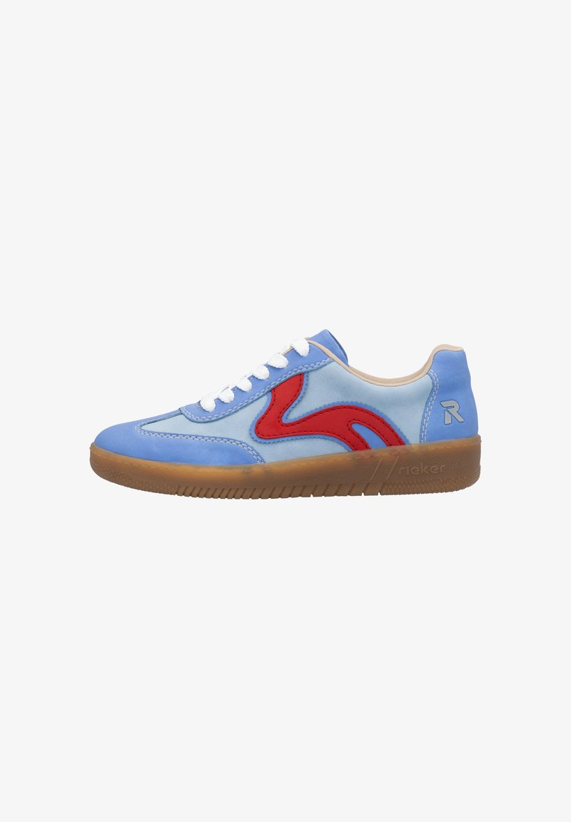 Blue and red sneaker featuring a curved red accent, white laces, and a brown rubber sole with textured grip patterns.