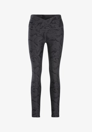 Black leggings featuring a marbled pattern, made of smooth, stretchy fabric. High waistband with gathered detail for added comfort.