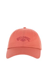 Coral baseball cap made of cotton, featuring an embroidered logo in matching color at the front, structured brim, and adjustable strap.