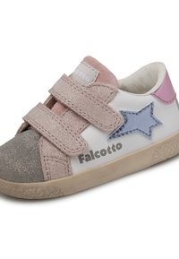 Baskets Velcro présentant une tige en cuir blanc, des accents en suède rose et gris, un détail en forme d'étoile bleue et une semelle en caoutchouc beige texturée.