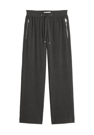 Donkergrijze sweatpants van zachte stof, met een relaxed fit, elastische tailleband met trekkoord en ritszakken aan de zijkanten.