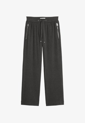 Dark gray sweatpants made of soft fabric, featuring a relaxed fit, elastic waistband with drawstring, and zippered side pockets.