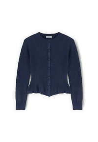 Granatowy dzianinowy kardigan z okrągłym dekoltem, zapięciem na guziki z przodu, prążkowanym wykończeniem na dole i dopasowanym krojem. Miękka faktura i krótka długość.