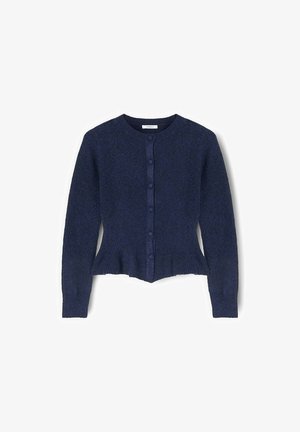 Marineblå strikket cardigan med rund halsudskæring, lukning foran med knapper, ribbet kant og figursyet design. Blød tekstur og afkortet længde.