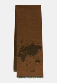 Sciarpa marrone intrecciata con una mappa del mondo scura e dettagli a frange. Il tessuto ha una texture liscia con una finitura morbida.