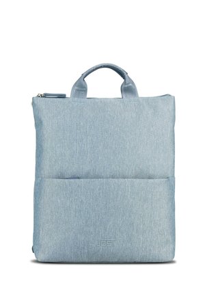 Borsa tote in tessuto azzurro con due manici corti, tasca frontale e scomparto principale con cerniera, design semplice con trama sottile.