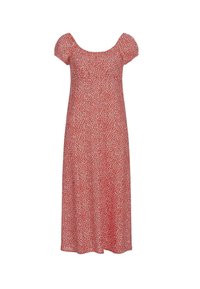 Robe midi rouge avec de courtes manches bouffantes et un imprimé floral blanc, présentant un décolleté rond et une silhouette fluide.