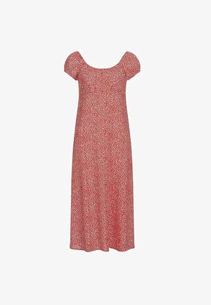 Rotes Midi-Kleid mit kurzen Puffärmeln und weißem Blumenmuster, mit einem runden Ausschnitt und fließender Silhouette.