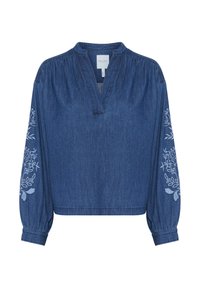 Denim-paita, jossa on V-pääntie, pitkät pallopaidat ja kukkakirjailut hihoissa. Väri: tumma sininen. Rentoa istuvuutta.