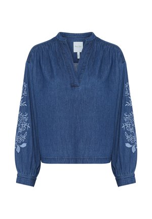 Denimbluse mit V-Ausschnitt, langen Ballonärmeln und floralen Stickereidetails an den Ärmeln. Farbe: dunkelblau. Lässige Passform.