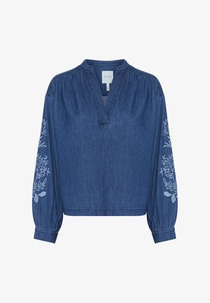 Blouse en denim avec un décolleté en V, des manches ballon longues et des détails de broderie florale sur les manches. Couleur : bleu foncé. Coupe décontractée.