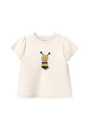 Kurzes Babyshirt mit Druckknöpfen an der Schulter und einem lächelnden Bienenmotiv mit schwarzen und gelben Streifen in der Mitte.