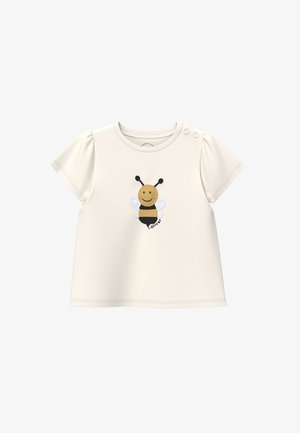 Kurzes Babyshirt mit Druckknöpfen an der Schulter und einem lächelnden Bienenmotiv mit schwarzen und gelben Streifen in der Mitte.