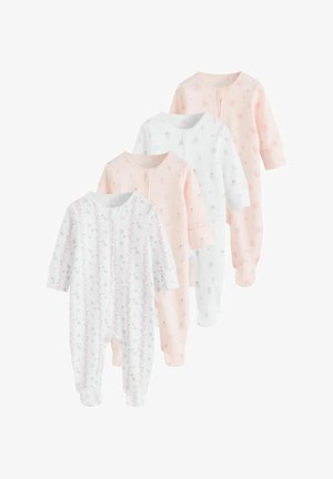 Patru salopete de bebeluși cu mânecă lungă și cu picior în nuanțe de roz pal și alb, fiecare având imprimeuri florale mici și închideri cu fermoar în față.
