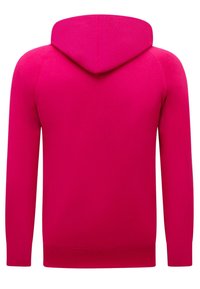 Roze hoodie met een gladde textuur, voorzien van een trekkoordkap, ribgebreide manchetten en een eenvoudig ontwerp, gezien vanuit de achterkant.