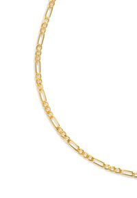 Gold chain necklace featuring elongated, interconnected oval links with a polished finish. Simple design emphasizes the shiny texture.
