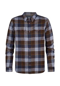 Langärmliges Hemd mit Knopfleiste, kariert in Blau, Braun, Grau und Gelb, mit zwei verschließbaren Brusttaschen und Kragen.