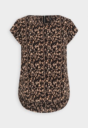 Crna bluzica kratkih rukava s cvjetnim printom leopard uzorka u nijansama bež i smeđe, koja ima okrugli izrez i diskretan zatvarač na leđima.