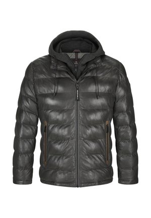 Schwarze gesteppte Lederjacke mit Frontreißverschluss, zwei seitlichen Reißverschlusstaschen und angenähter dunkler Stoffkapuze mit Kordeln.