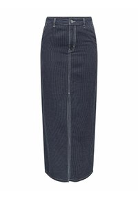 Gonna di denim con strisce verticali bianche, lunghezza al ginocchio, spacco frontale, fascia in vita con chiusura a bottone e dettagli di cucitura in contrasto.