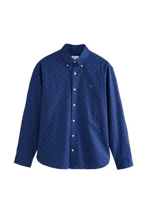 Navy blue long-sleeve button-up shirt with small light-colored geometric pattern and a subtle embroidered crown logo on the chest.
