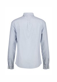 Chemise rayée à manches longues en bleu clair et blanc, avec un col à boutons, un pli dans le dos et des poignets à boutons. Tissu en coton lisse.