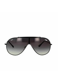 Occhiali da sole aviator neri con lenti grigie sfumate e montatura in metallo. Presentano un doppio ponte e aste sottili con dettagli trasparenti.