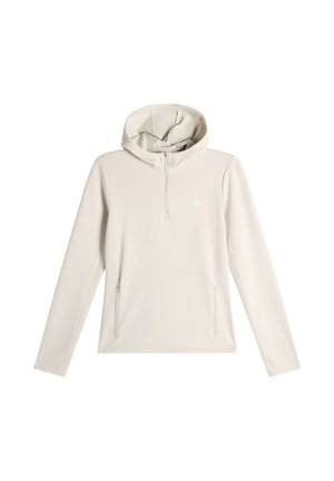 Lichtgrijze hoodie met ritssluiting bij de hals, lange mouwen en twee zijzakken. Gemaakt van zachte, gladde stof met minimale merkuitingen.