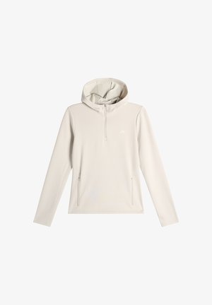 Lichtgrijze hoodie met ritssluiting bij de hals, lange mouwen en twee zijzakken. Gemaakt van zachte, gladde stof met minimale merkuitingen.